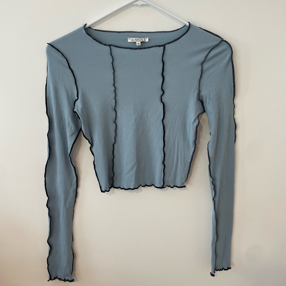 Mimosa blue long sleeve with black pleated stripes